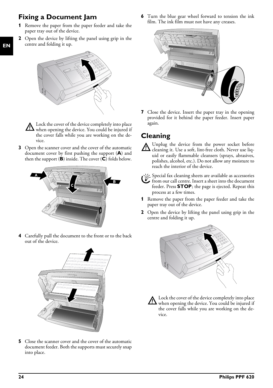 Fixing a document jam, Cleaning, Fixing a document jam cleaning | Philips MAGIC 5 ECO PPF 620 User Manual | Page 24 / 32