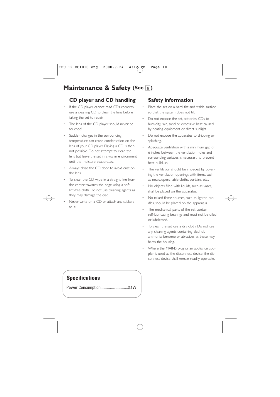 Maintenance & safety, Specifications, Cd player and cd handling | Safety information, See 6 ) | Philips DC1010 User Manual | Page 10 / 12