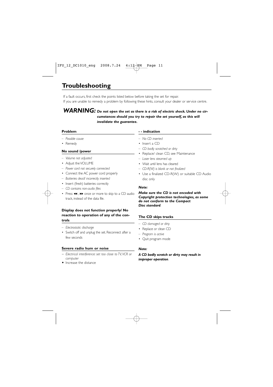 Warning, Troubleshooting | Philips DC1010 User Manual | Page 11 / 12