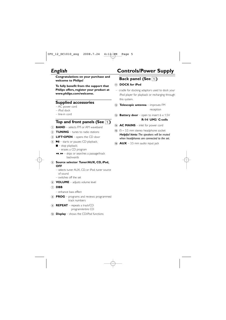 English controls/power supply, Supplied accessories, Top and front panels (see 1 ) | Back panel (see 1 ) | Philips DC1010 User Manual | Page 5 / 12