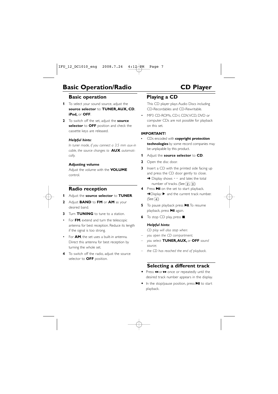 Basic operation/radio cd player, Basic operation, Radio reception | Playing a cd, Selecting a different track | Philips DC1010 User Manual | Page 7 / 12