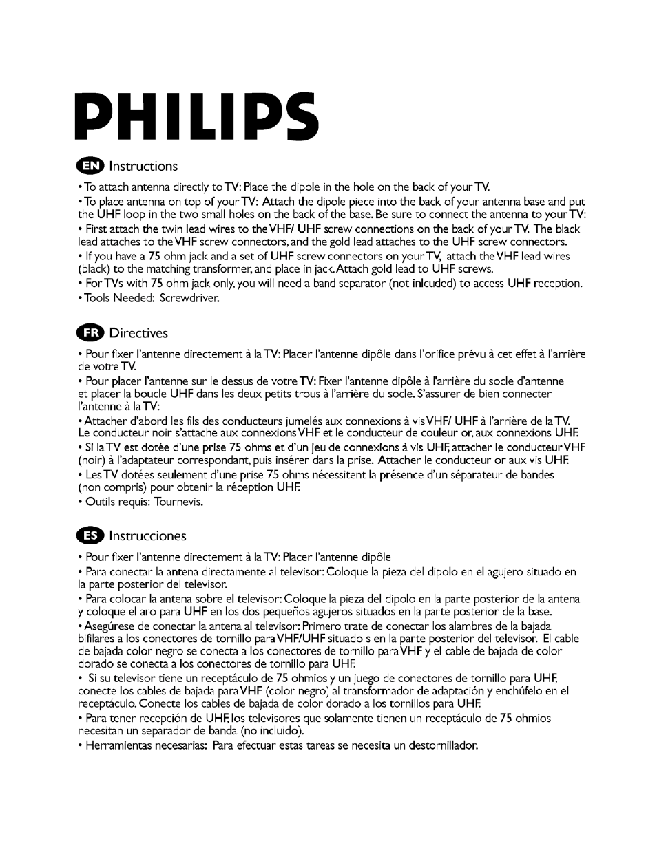 Philips US2-MANT110 User Manual | 1 page