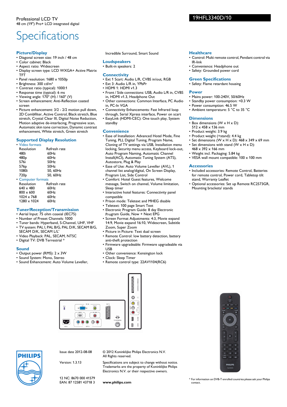 Specifications | Philips 19HFL3340D User Manual | Page 3 / 3