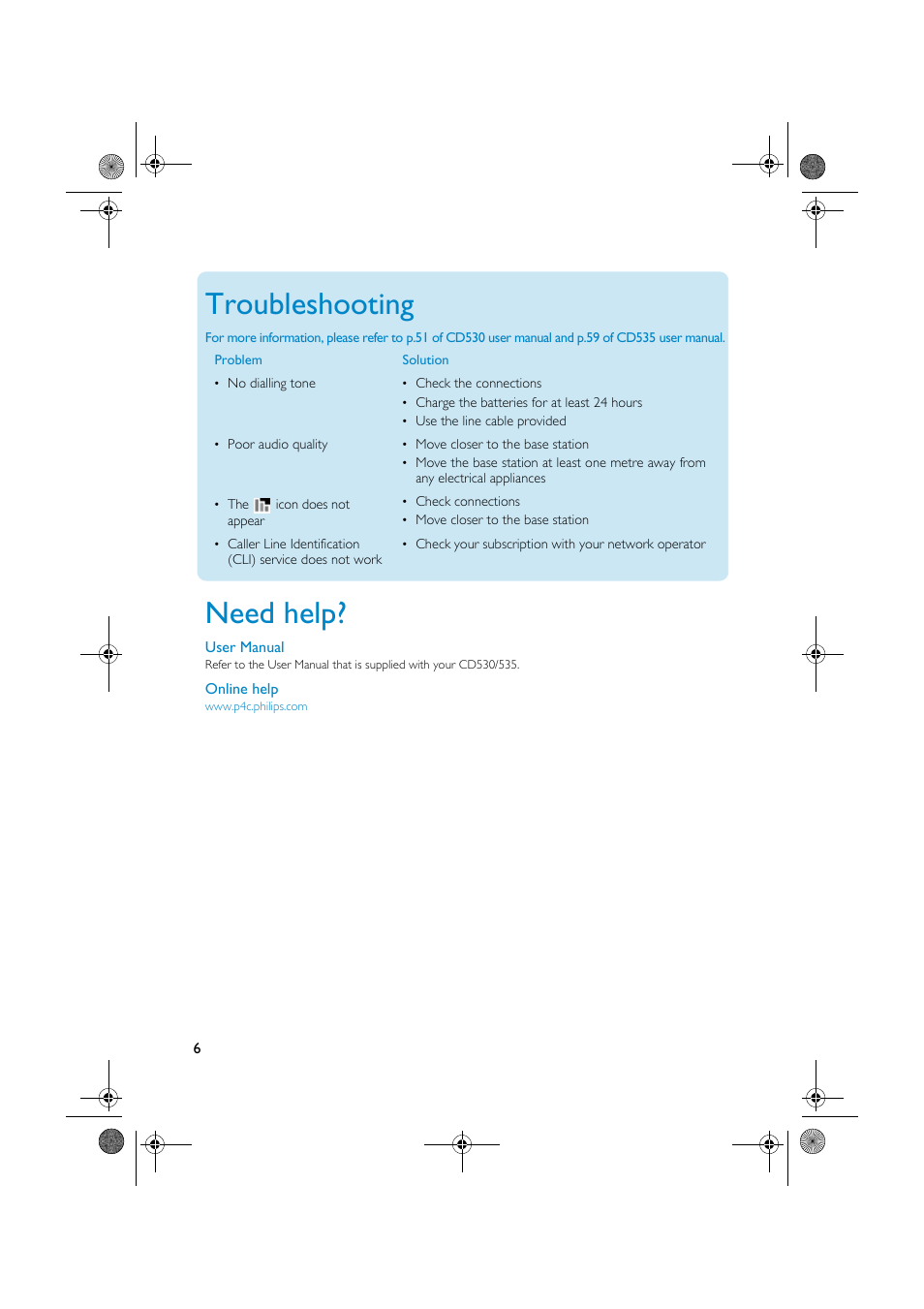 Troubleshooting, Need help | Philips CD535 User Manual | Page 6 / 7