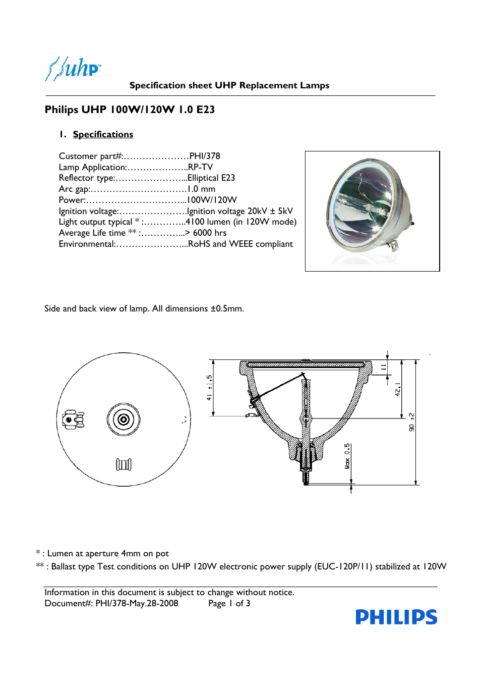 Philips UHP PHI/378 User Manual | 3 pages