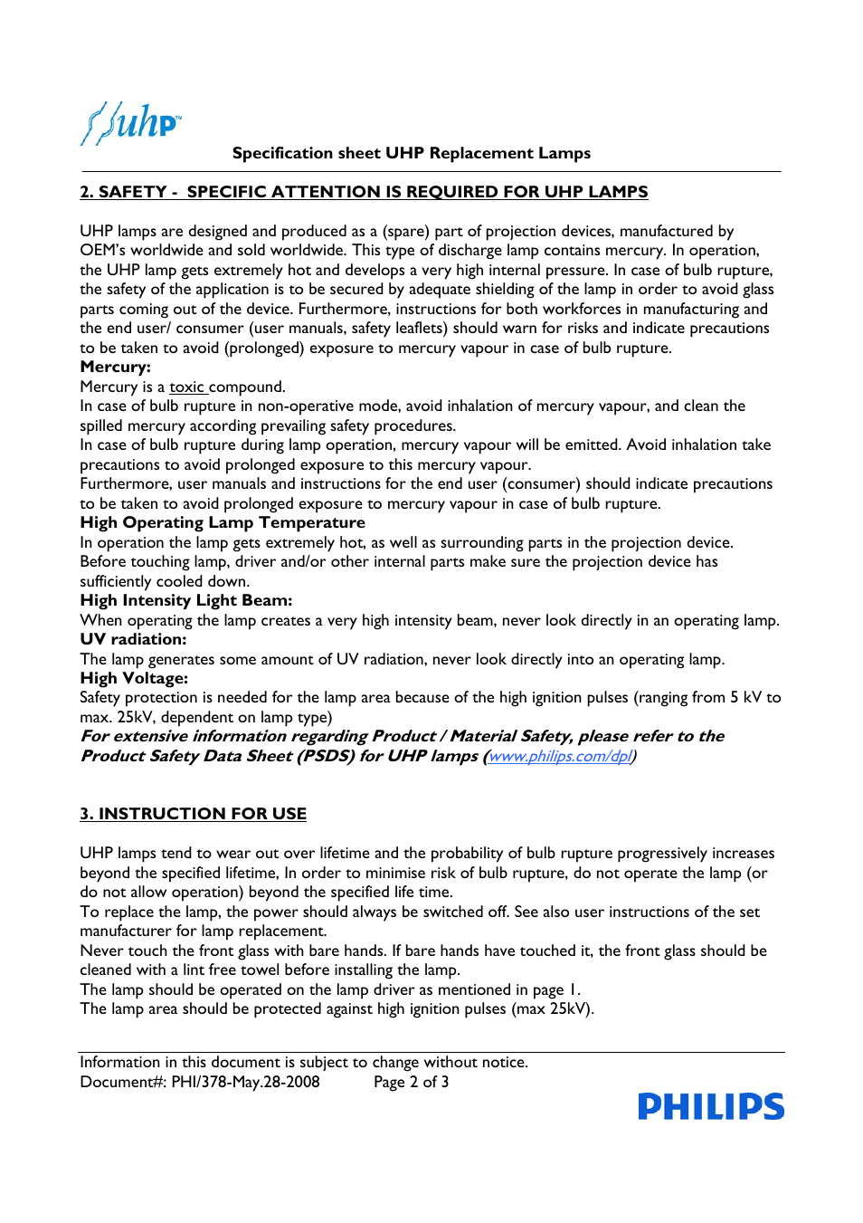 Philips UHP PHI/378 User Manual | Page 2 / 3