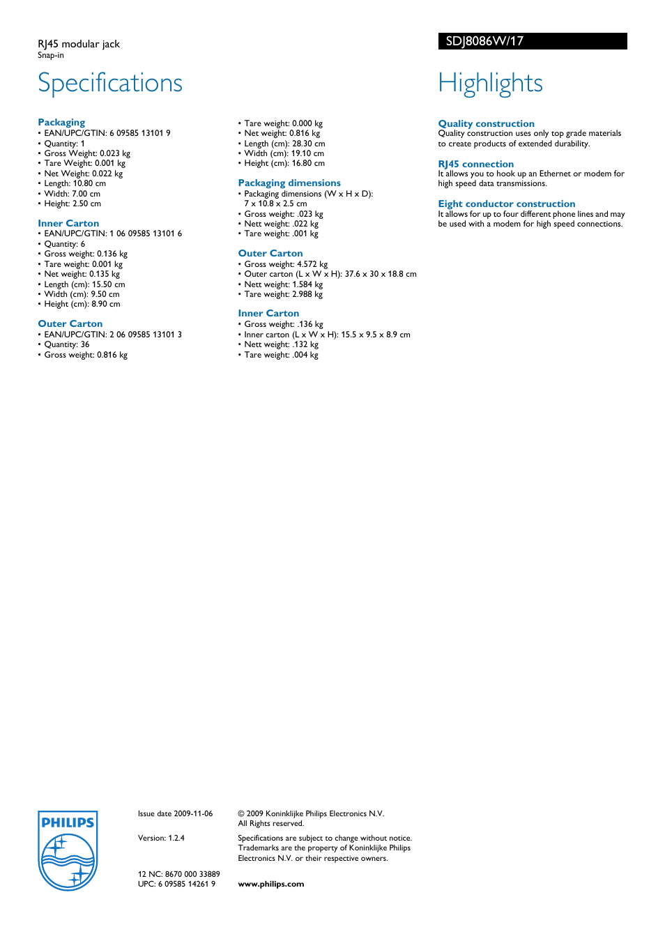 Specifications, Highlights | Philips MODULAR JACK 17RJ45 User Manual | Page 2 / 2