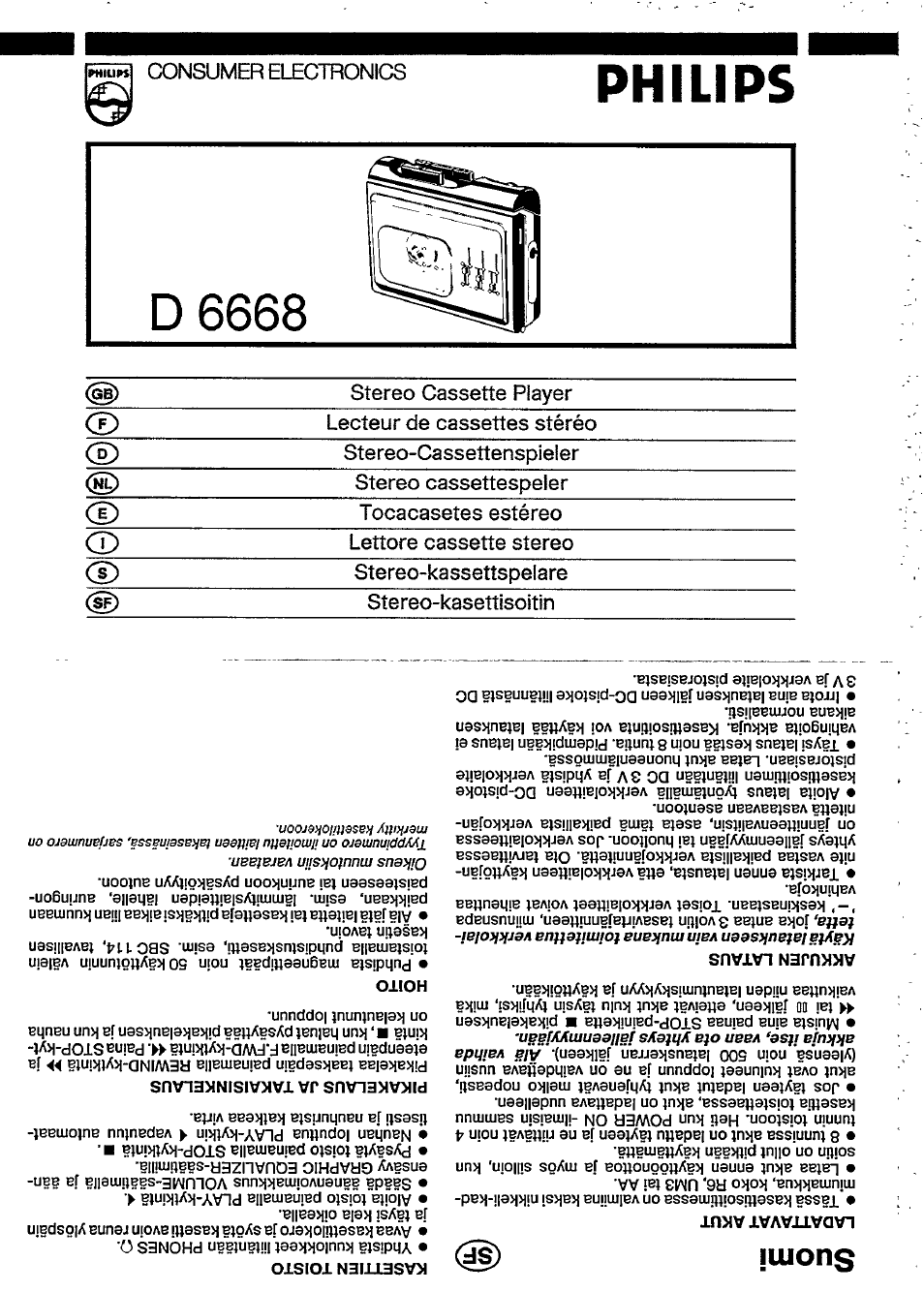 Suomi, Ladattavatakut, Akkujen lataus | Kasett1en toisto, Pikakelaus ja takaisinkelaus, Hoito, Sdlilhd, Soinofcllohiahslainsnoo, Jaábid auassbo oajaig @) | Philips D6668 User Manual | Page 3 / 7