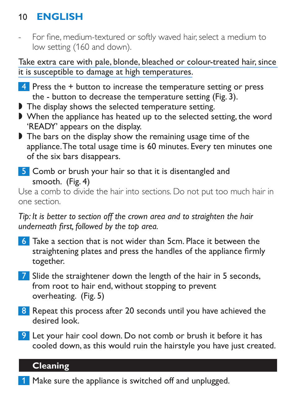 Cleaning | Philips SalonStraight Pro HP4667/00 User Manual | Page 10 / 124