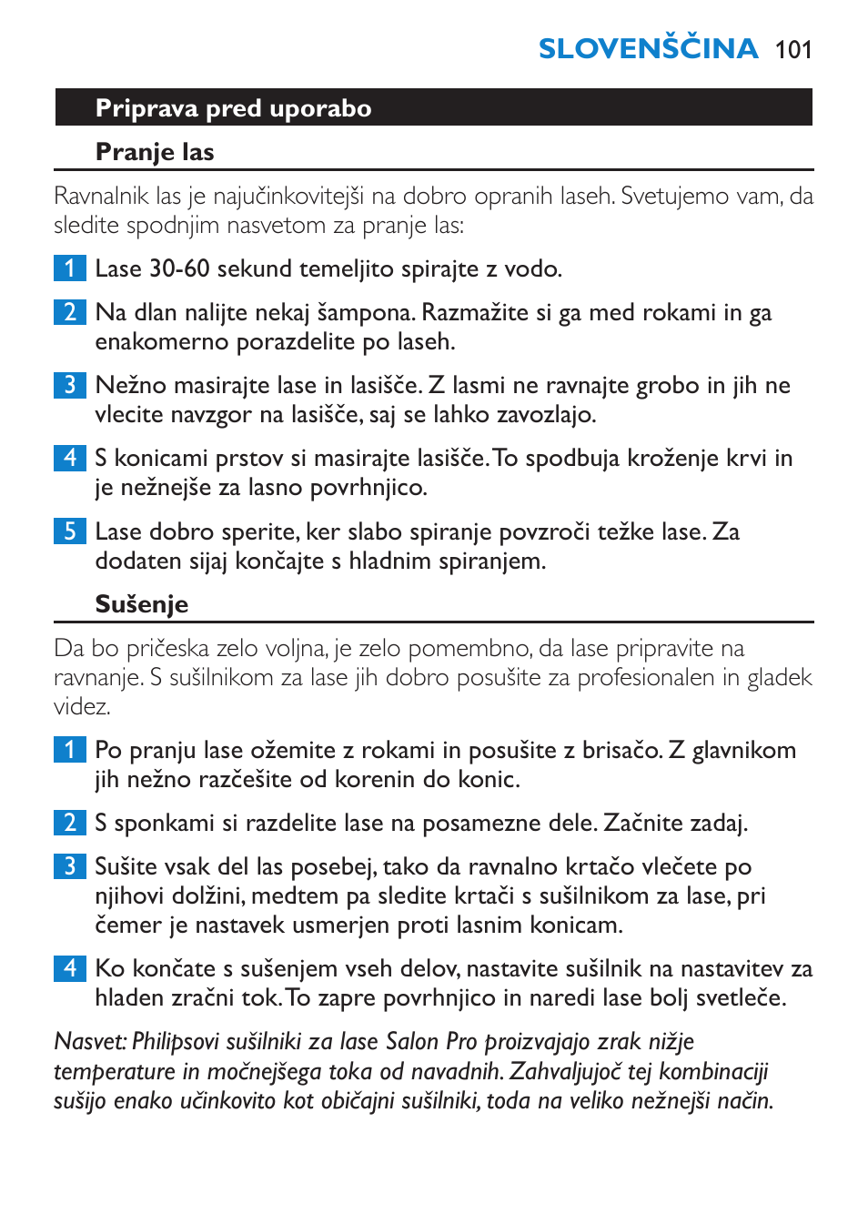 Priprava pred uporabo, Pranje las, Sušenje | Philips SalonStraight Pro HP4667/00 User Manual | Page 101 / 124