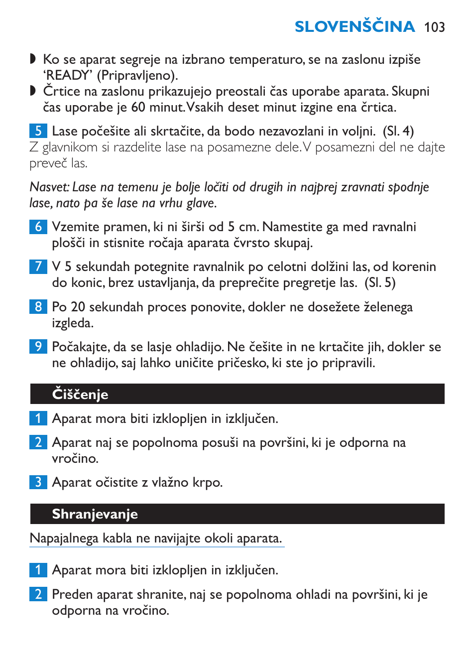 Čiščenje, Shranjevanje | Philips SalonStraight Pro HP4667/00 User Manual | Page 103 / 124