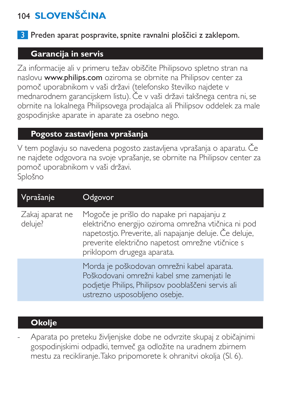 Garancija in servis, Pogosto zastavljena vprašanja, Okolje | Philips SalonStraight Pro HP4667/00 User Manual | Page 104 / 124