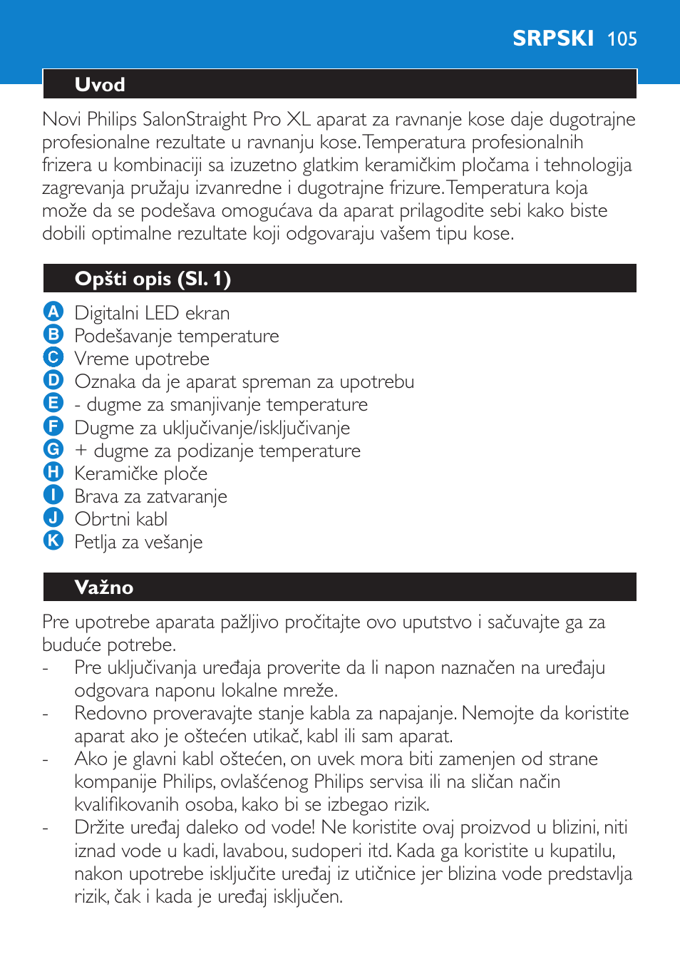 Srpski, Uvod, Opšti opis (sl. 1) | Važno | Philips SalonStraight Pro HP4667/00 User Manual | Page 105 / 124