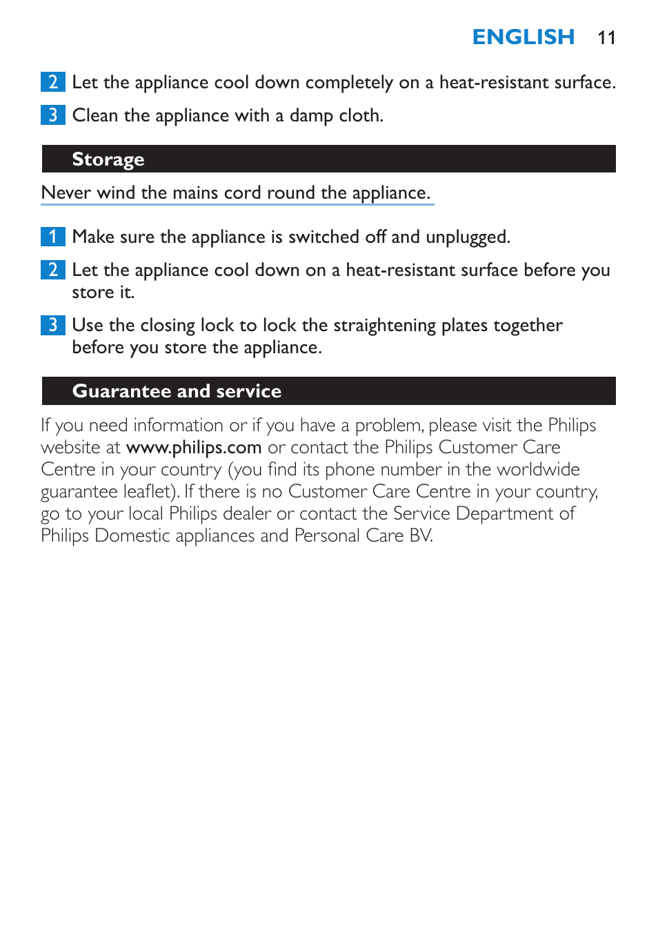 Storage, Guarantee and service, Frequently asked questions | Philips SalonStraight Pro HP4667/00 User Manual | Page 11 / 124