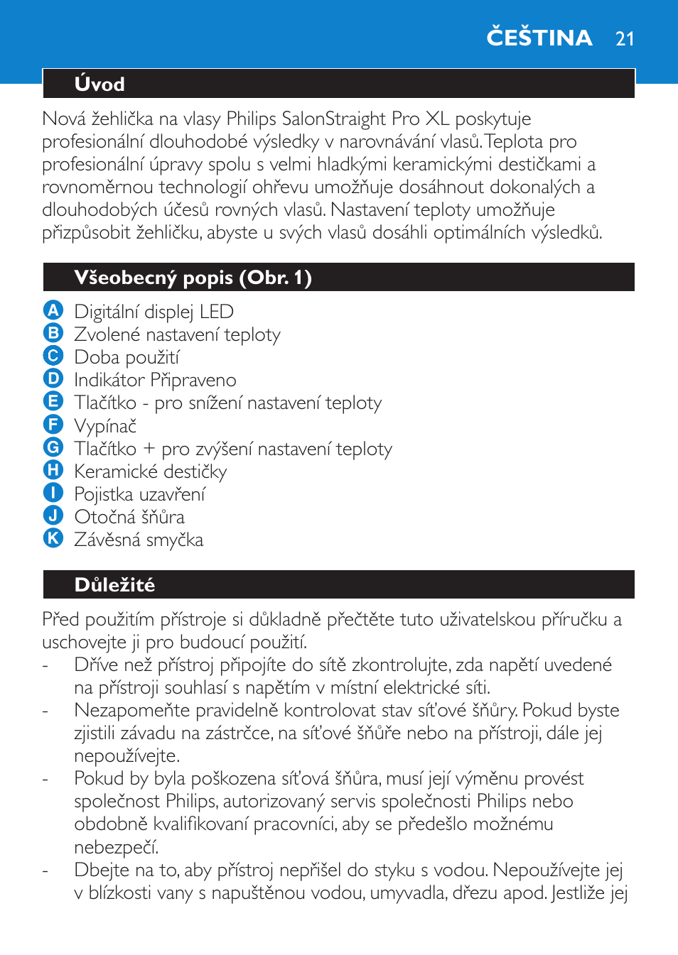 Čeština, Úvod, Všeobecný popis (obr. 1) | Důležité | Philips SalonStraight Pro HP4667/00 User Manual | Page 21 / 124