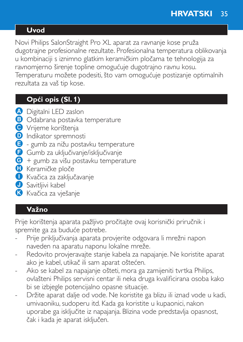 Hrvatski, Uvod, Opći opis (sl. 1) | Važno | Philips SalonStraight Pro HP4667/00 User Manual | Page 35 / 124