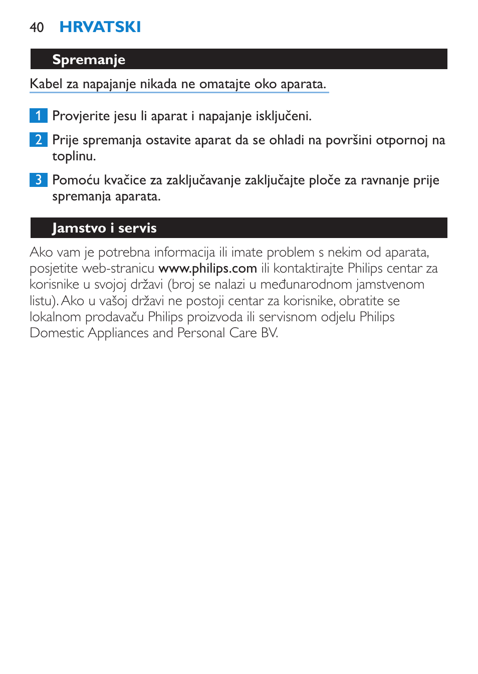 Spremanje, Jamstvo i servis, Često postavljana pitanja | Philips SalonStraight Pro HP4667/00 User Manual | Page 40 / 124