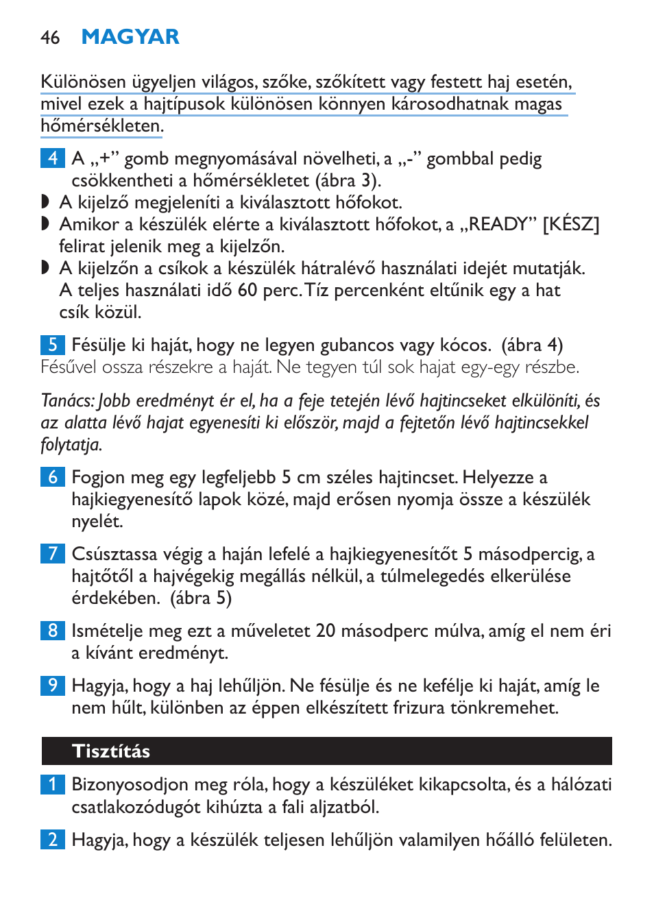 Tisztítás | Philips SalonStraight Pro HP4667/00 User Manual | Page 46 / 124