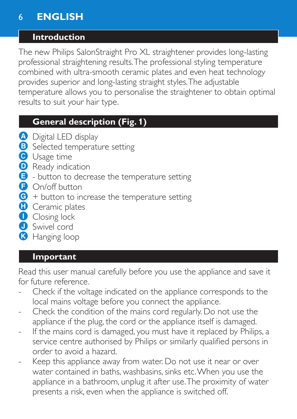 English, Introduction, General description (fig. 1) | Important | Philips SalonStraight Pro HP4667/00 User Manual | Page 6 / 124