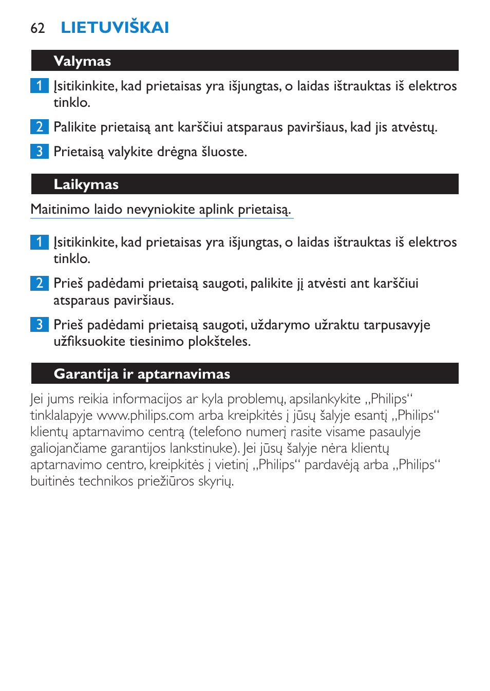Valymas, Laikymas, Garantija ir aptarnavimas | Dažnai užduodami klausimai | Philips SalonStraight Pro HP4667/00 User Manual | Page 62 / 124