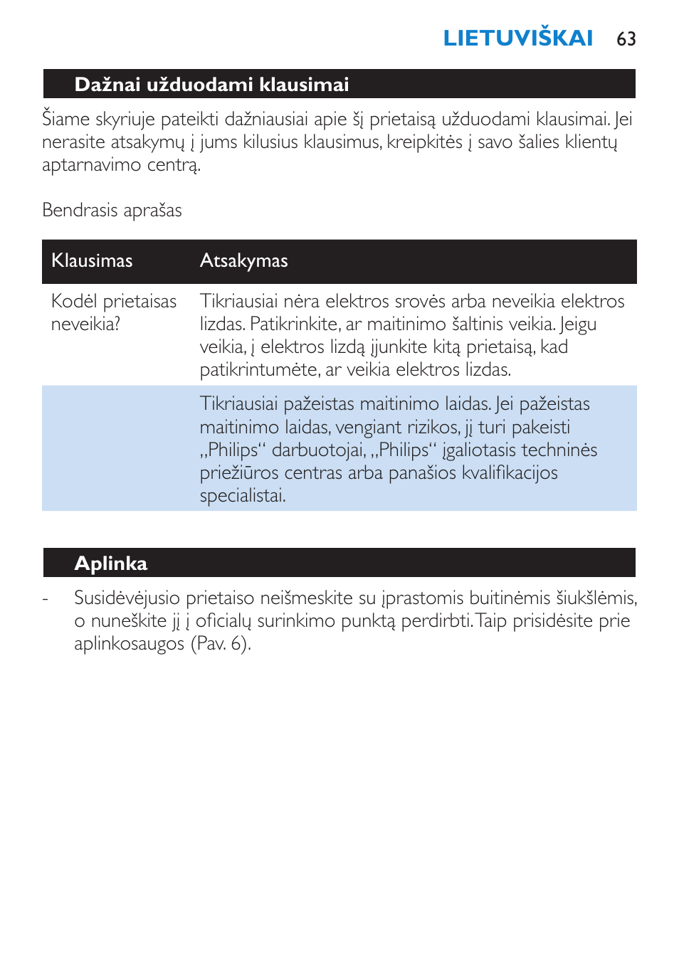 Aplinka | Philips SalonStraight Pro HP4667/00 User Manual | Page 63 / 124