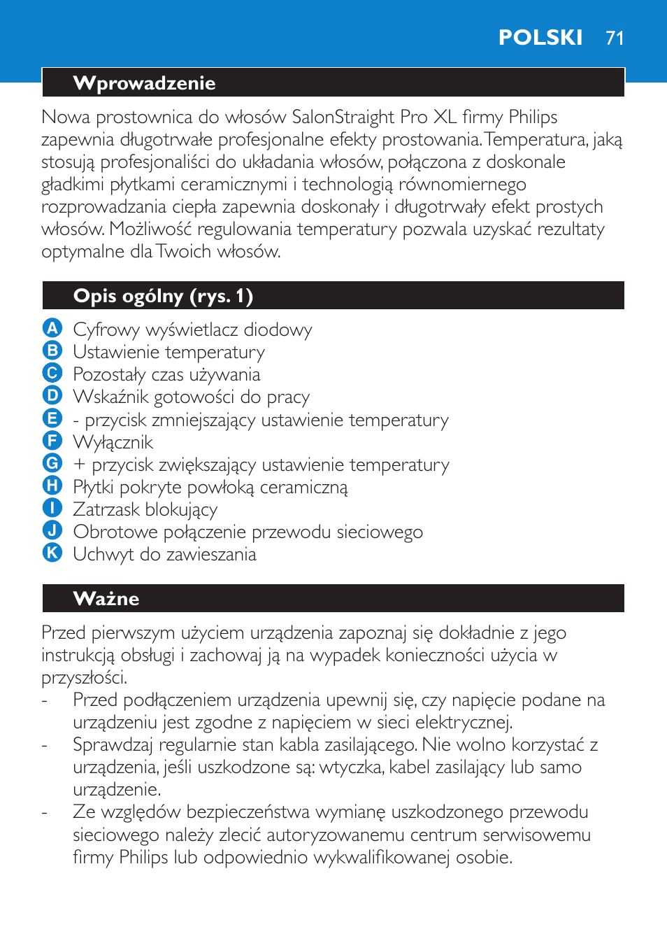 Polski, Wprowadzenie, Opis ogólny (rys. 1) | Ważne | Philips SalonStraight Pro HP4667/00 User Manual | Page 71 / 124