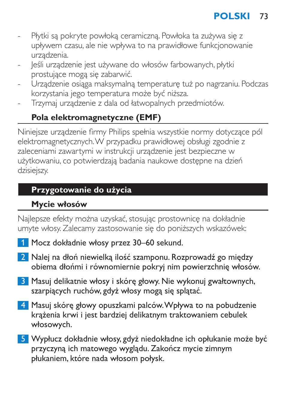 Pola elektromagnetyczne (emf), Przygotowanie do użycia, Mycie włosów | Philips SalonStraight Pro HP4667/00 User Manual | Page 73 / 124