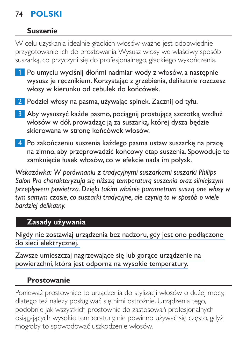 Suszenie, Zasady używania, Prostowanie | Philips SalonStraight Pro HP4667/00 User Manual | Page 74 / 124