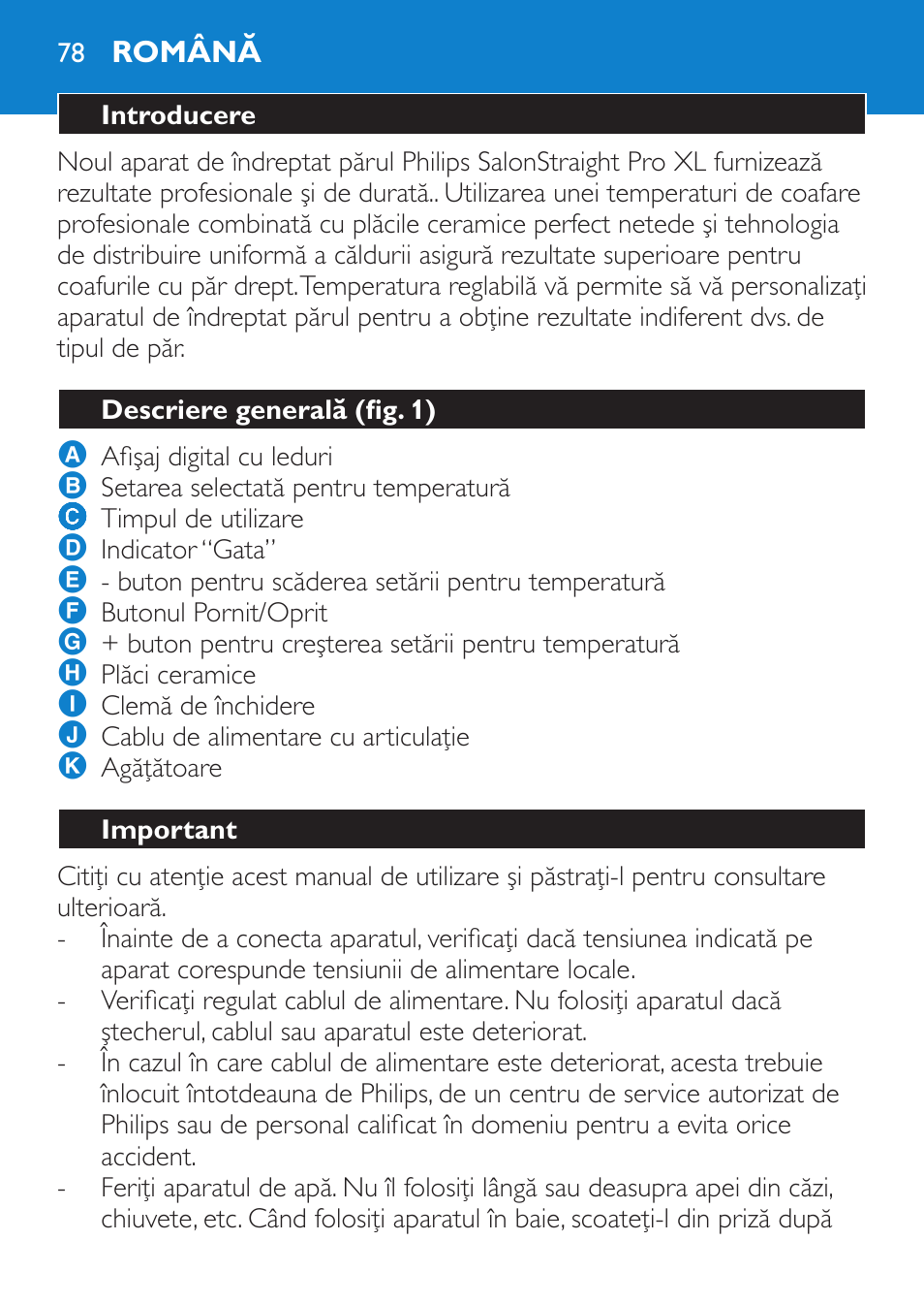 Română, Introducere, Descriere generală (fig. 1) | Important | Philips SalonStraight Pro HP4667/00 User Manual | Page 78 / 124