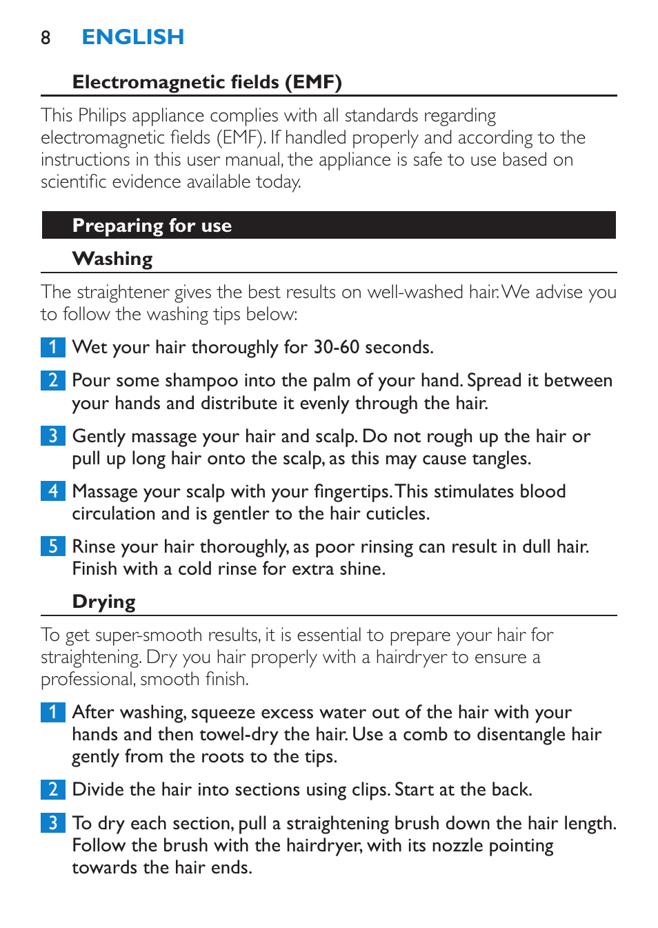 Electromagnetic fields (emf), Preparing for use, Washing | Drying | Philips SalonStraight Pro HP4667/00 User Manual | Page 8 / 124