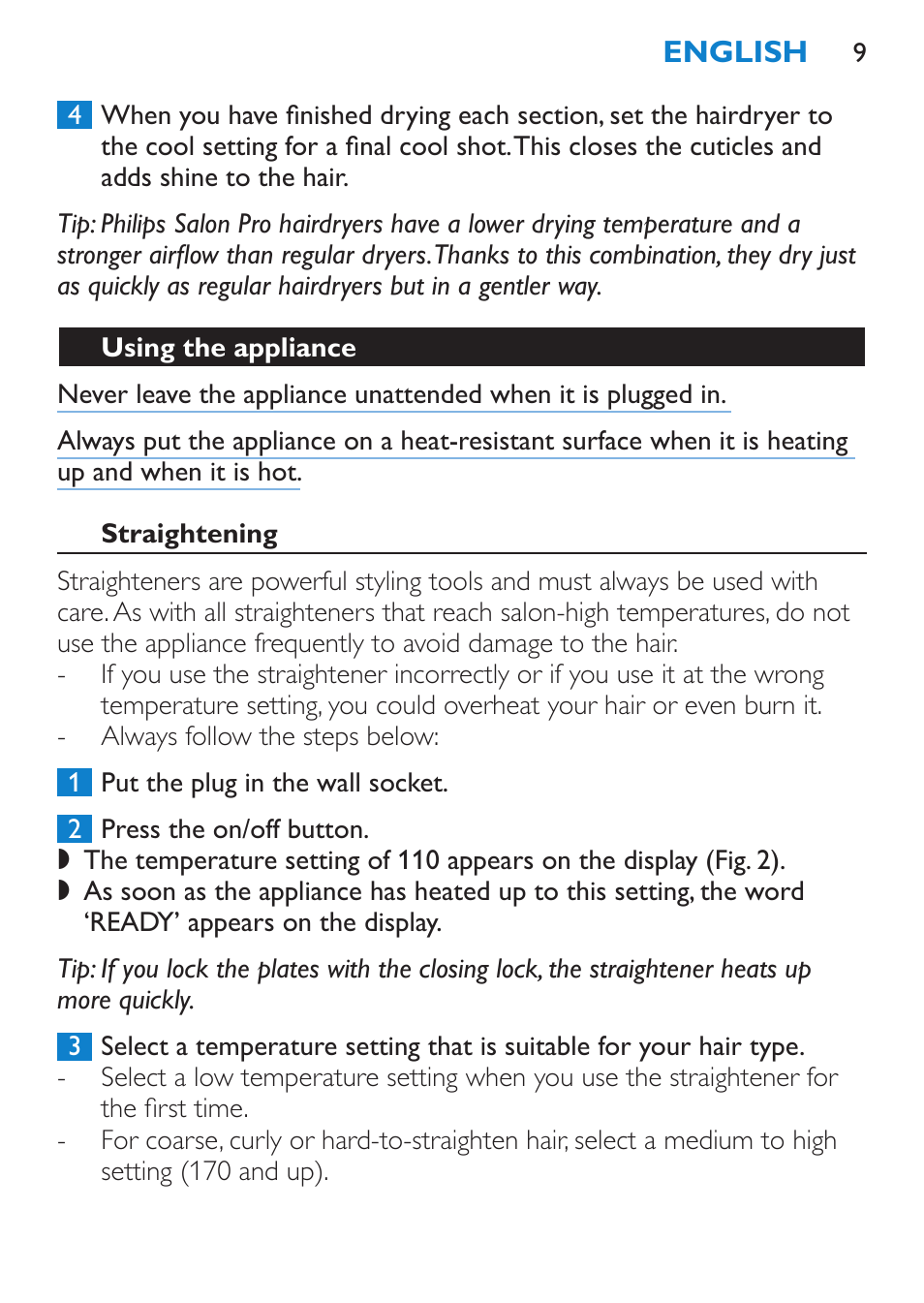 Using the appliance, Straightening | Philips SalonStraight Pro HP4667/00 User Manual | Page 9 / 124