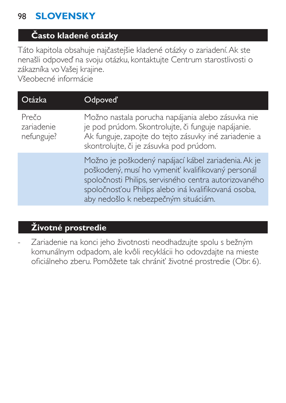 Životné prostredie | Philips SalonStraight Pro HP4667/00 User Manual | Page 98 / 124