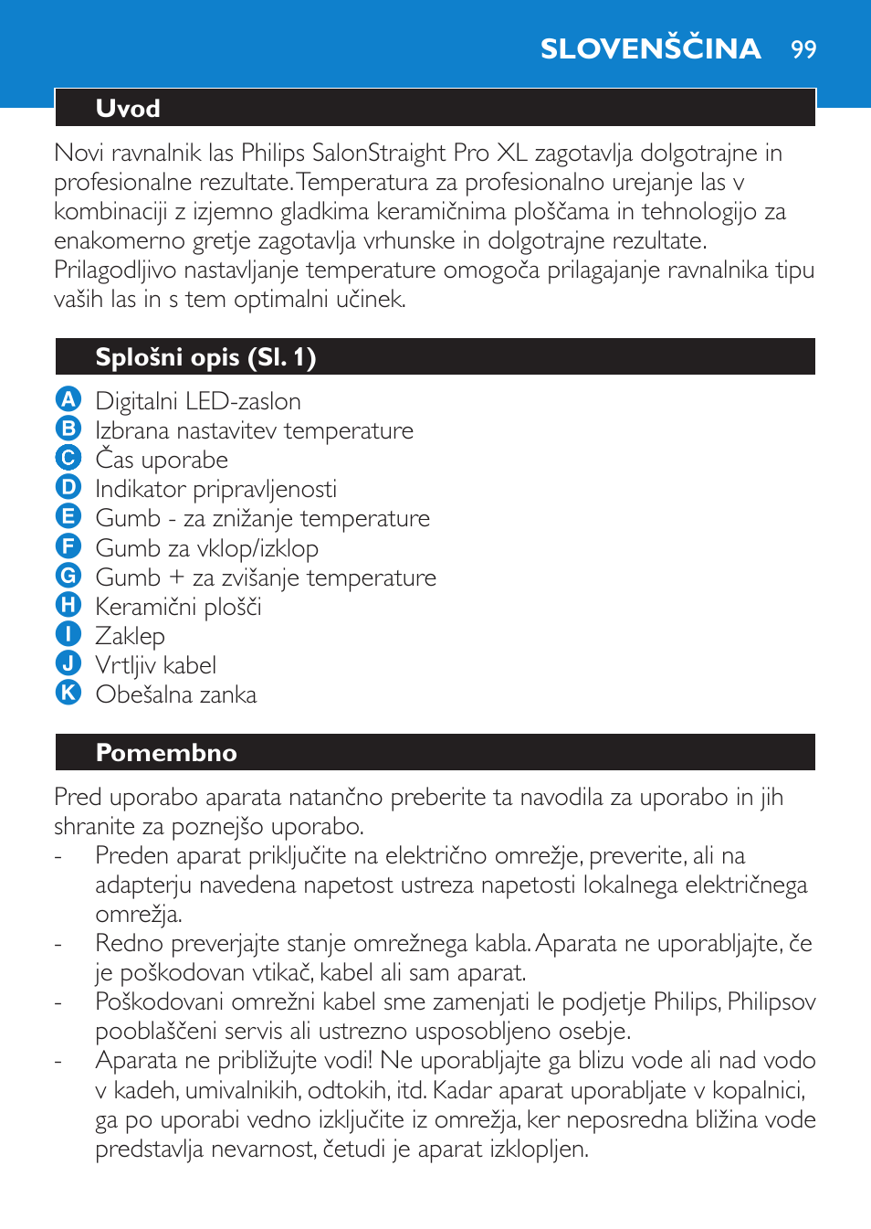 Slovenščina, Uvod, Splošni opis (sl. 1) | Pomembno | Philips SalonStraight Pro HP4667/00 User Manual | Page 99 / 124