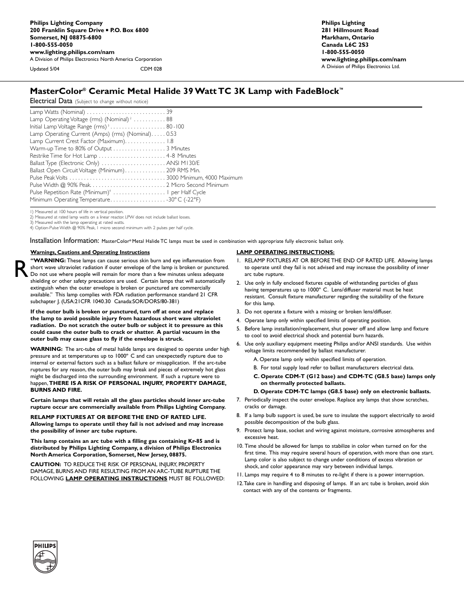 Mastercolor, Electrical data, Installation information | Philips 373720 User Manual | Page 2 / 2