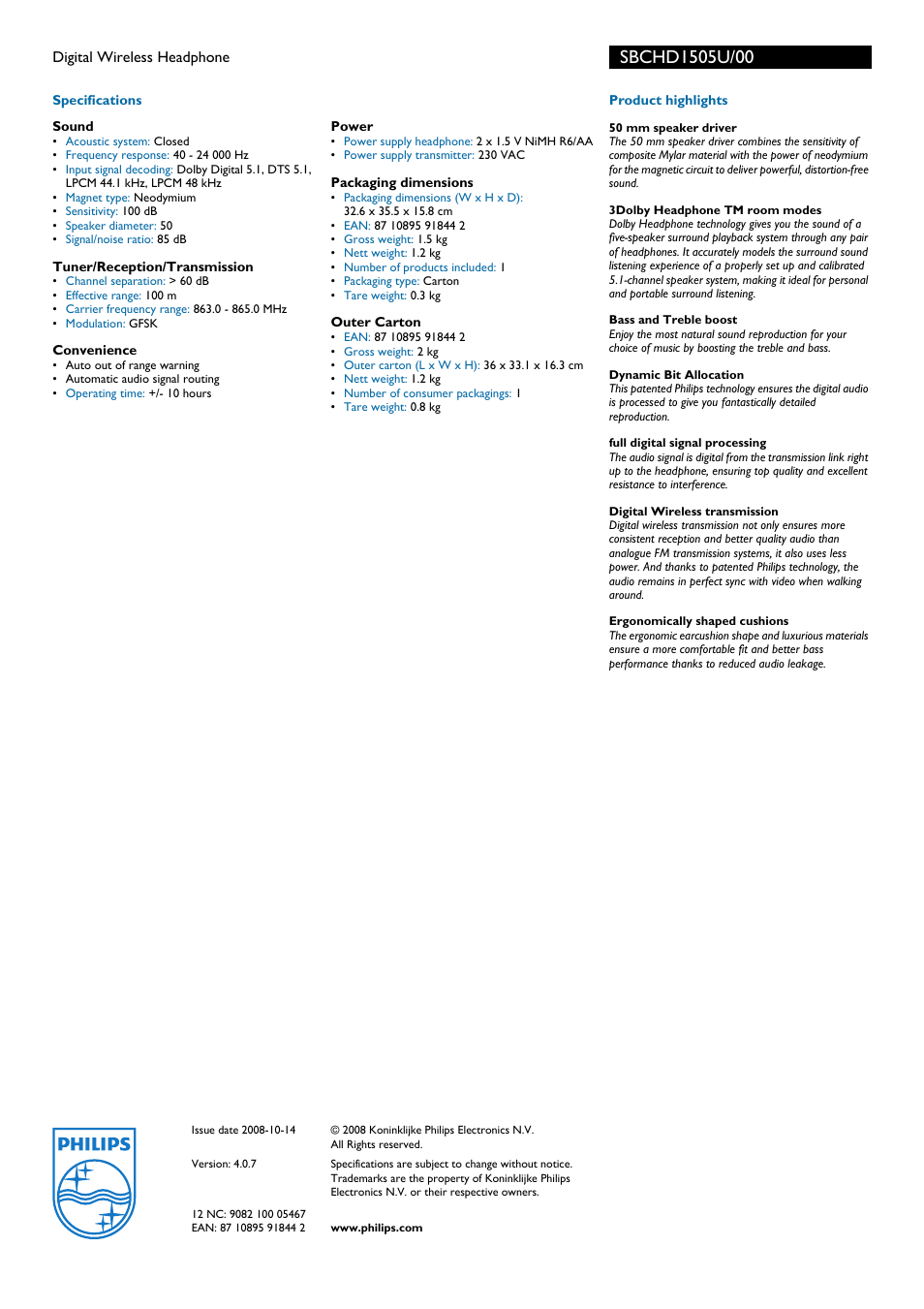 Philips SBC HD1505U User Manual | Page 2 / 2