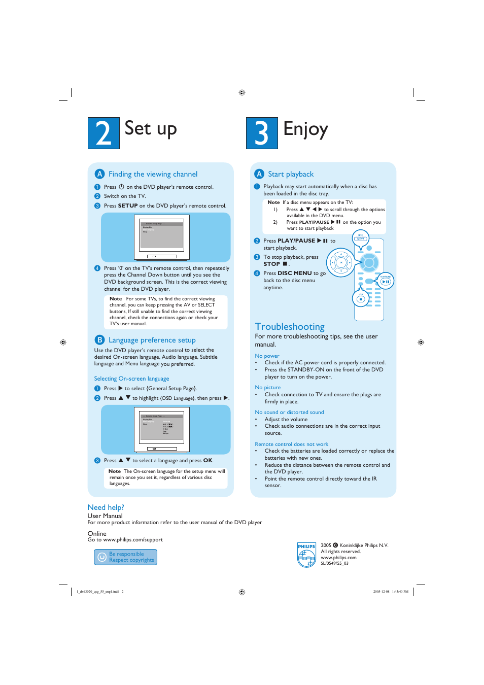 Enjoy, Set up, Troubleshooting | Philips DVP 3020 User Manual | Page 2 / 2