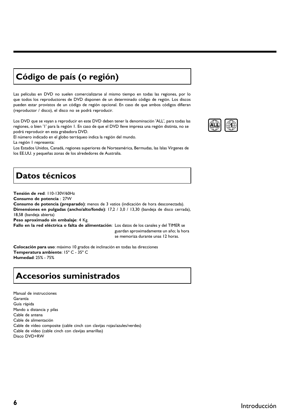 Código de país (o región), Datos técnicos, Accesorios suministrados | Philips DVDR 75 User Manual | Page 108 / 190