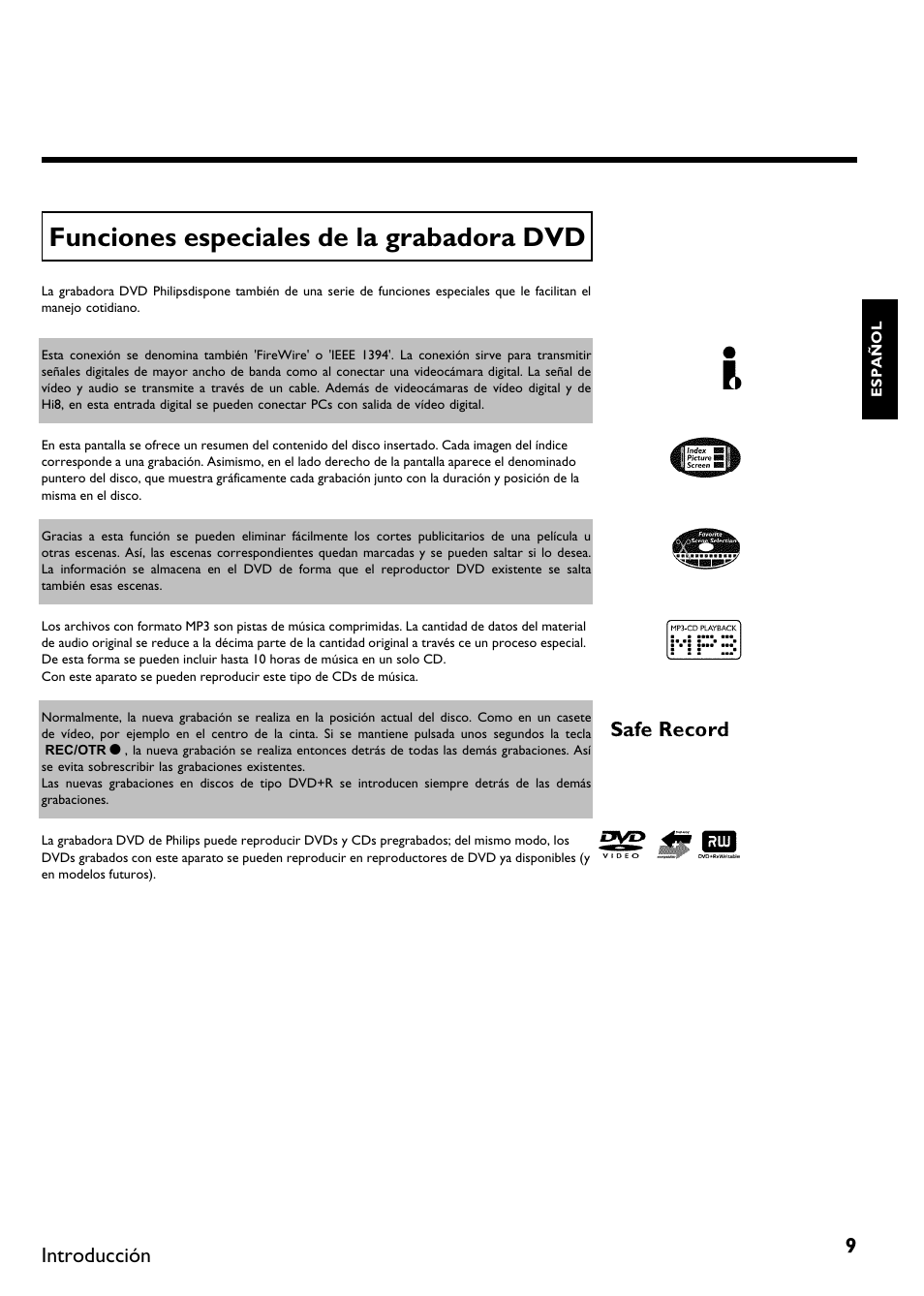Funciones especiales de la grabadora dvd, Introducción | Philips DVDR 75 User Manual | Page 111 / 190