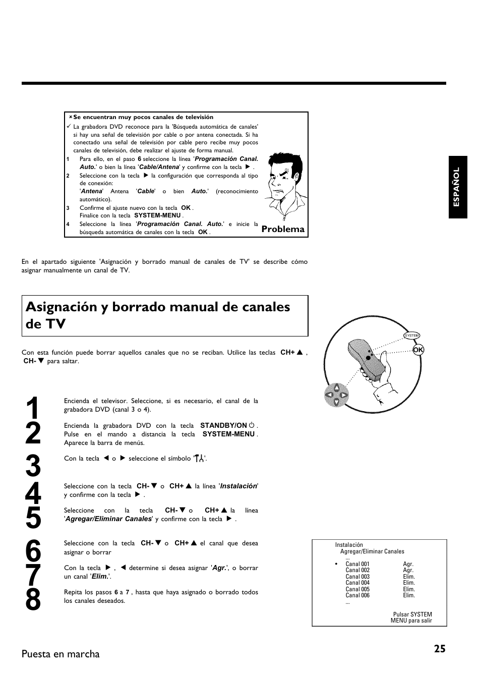 Asignación y borrado manual de canales de tv, Puesta en marcha | Philips DVDR 75 User Manual | Page 127 / 190
