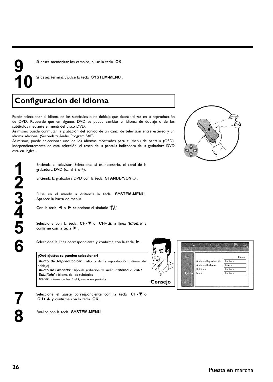 Configuración del idioma | Philips DVDR 75 User Manual | Page 128 / 190