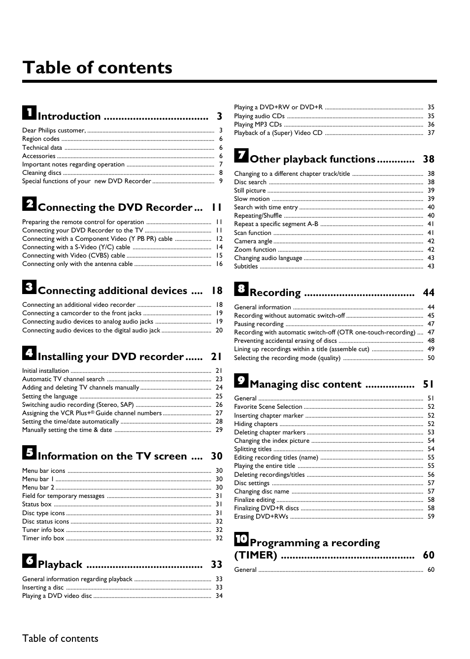 Table ofcontents a, Introduction 3, Connecting the dvd recorder 11 | Connecting additional devices 18, Installing your dvd recorder 21, Information on the tv screen 30, Playback 33, Other playback functions 38, Recording 44, Managing disc content 51 | Philips DVDR 75 User Manual | Page 13 / 190