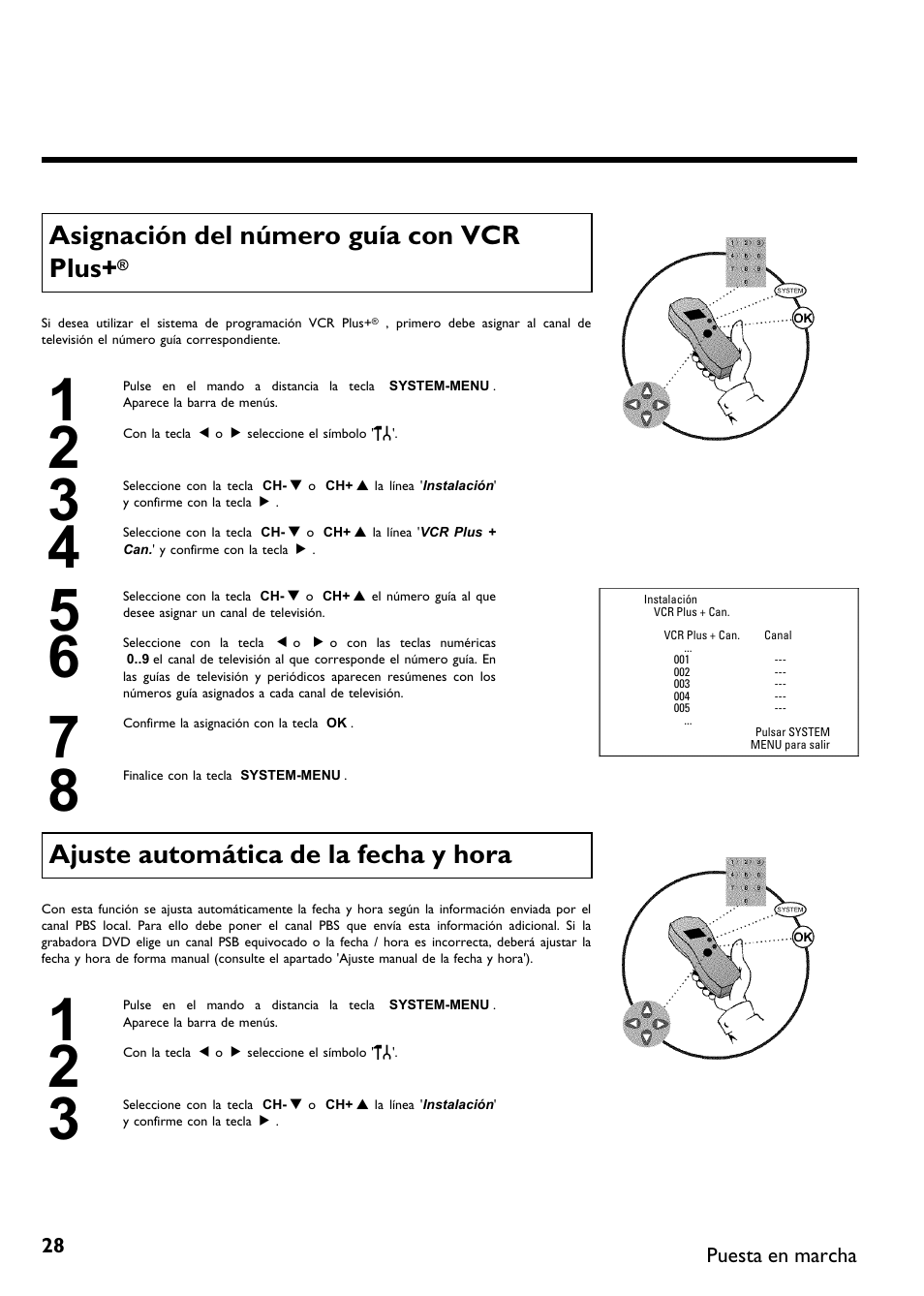 Asignación del número guía con vcr plus, Ajuste automática de la fecha y hora | Philips DVDR 75 User Manual | Page 130 / 190