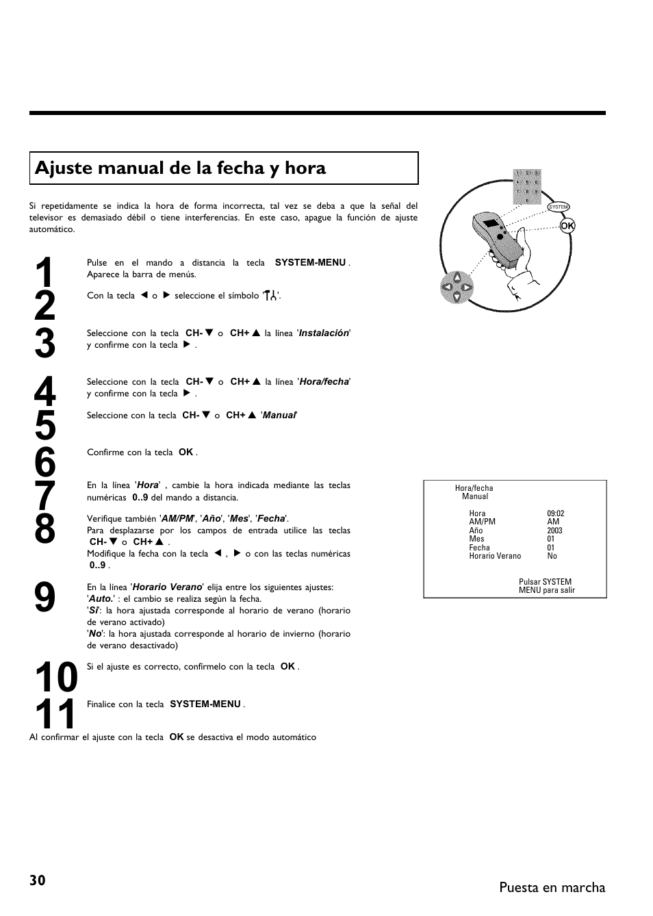 Ajuste manual de la fecha y hora | Philips DVDR 75 User Manual | Page 132 / 190