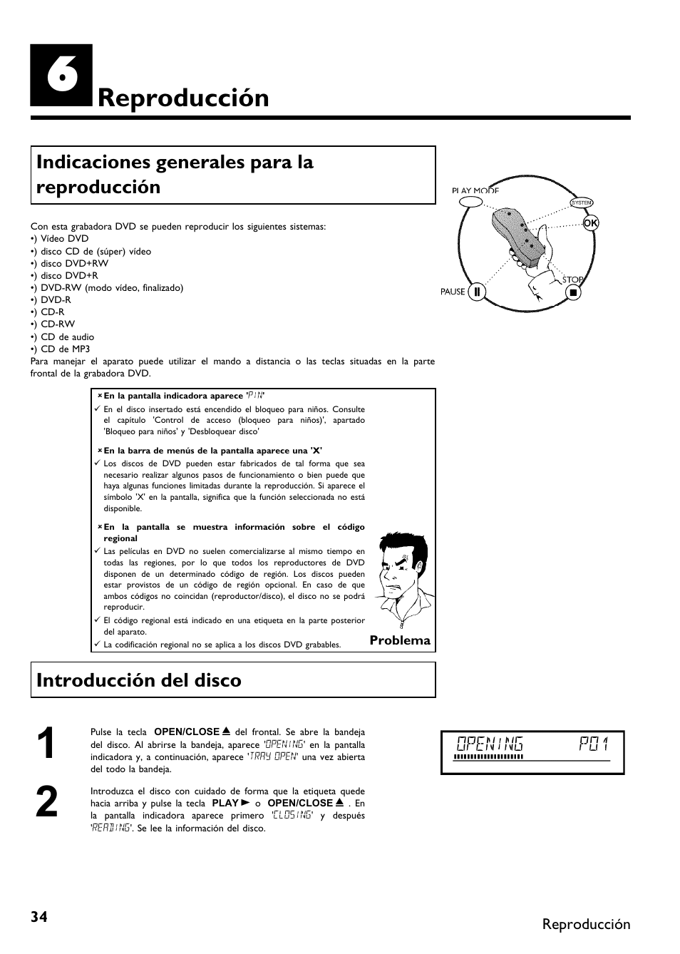 Reproducción, Indicaciones generales para la reproducción, Introducción del disco | Philips DVDR 75 User Manual | Page 136 / 190