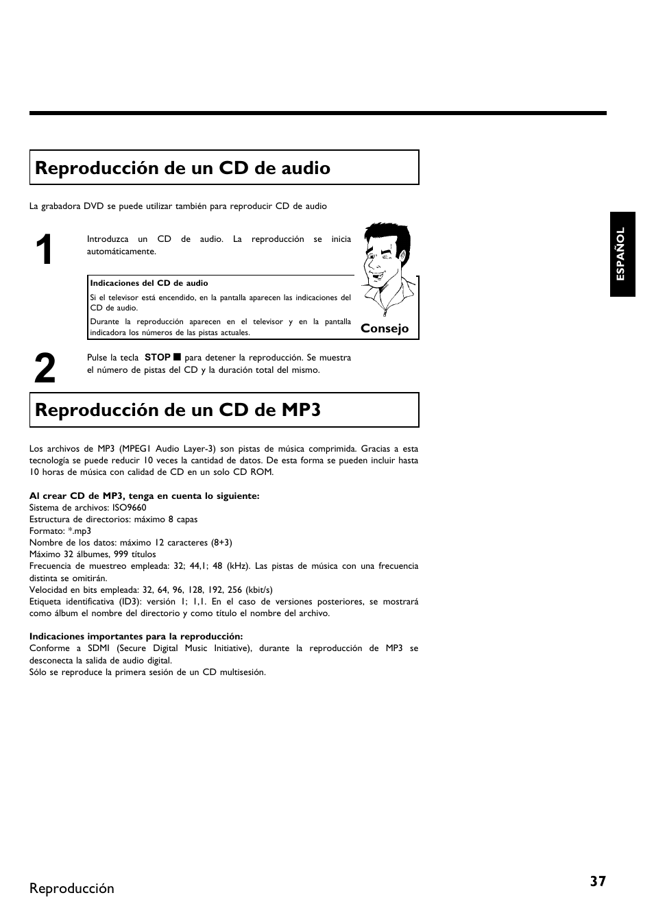 Reproducción de un cd de audio, Reproducción de un cd de mp3 | Philips DVDR 75 User Manual | Page 139 / 190