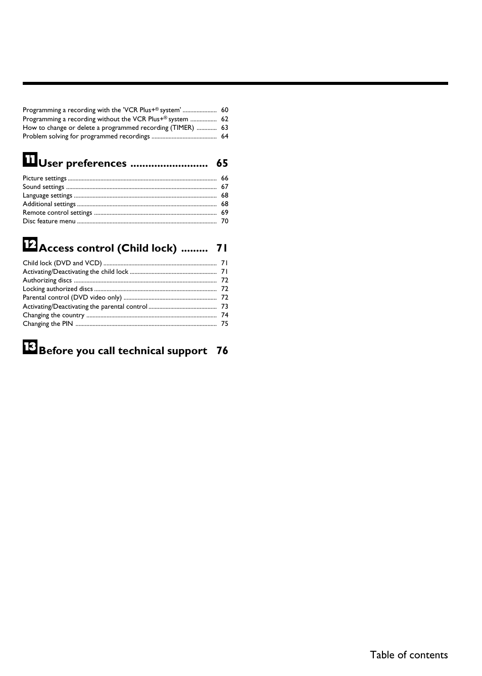 User preferences 65, Access control (child lock) 71 | Philips DVDR 75 User Manual | Page 14 / 190