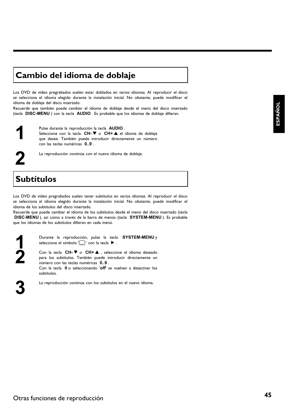 Cambio del idioma de doblaje, Subtítulos | Philips DVDR 75 User Manual | Page 147 / 190