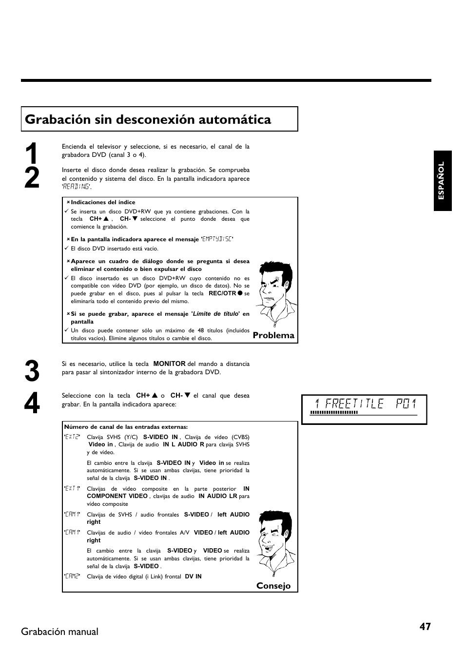 Grabación sin desconexión automática, 1 freetitle p01, Grabación manual | Philips DVDR 75 User Manual | Page 149 / 190