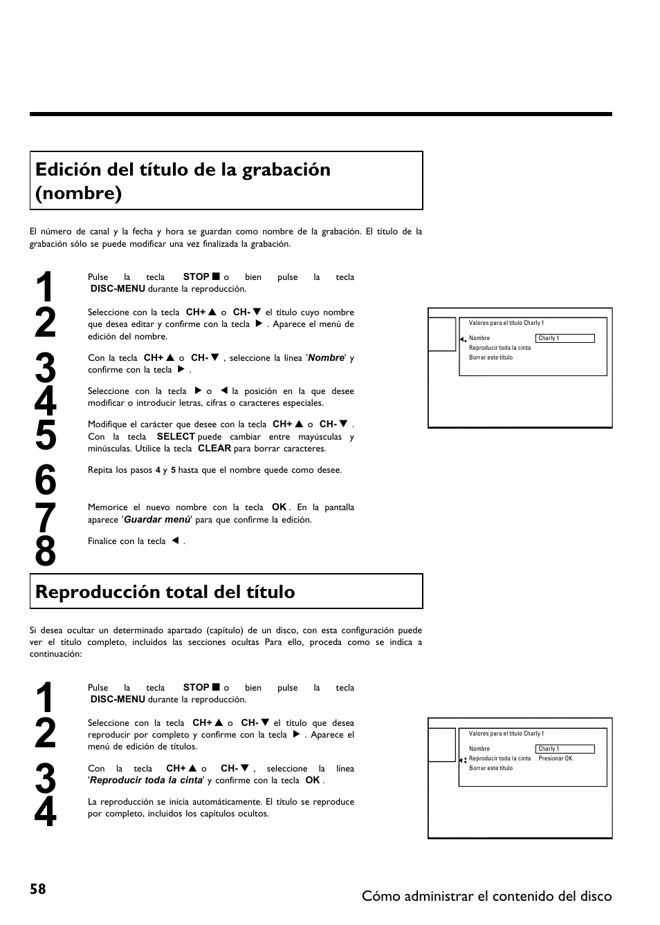 Edición del título de la grabación (nombre), Reproducción total del título | Philips DVDR 75 User Manual | Page 160 / 190