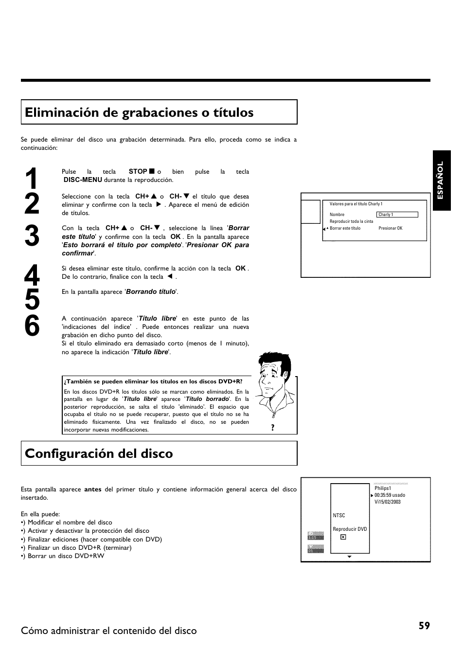 Eliminación de grabaciones o títulos, Configuración del disco | Philips DVDR 75 User Manual | Page 161 / 190